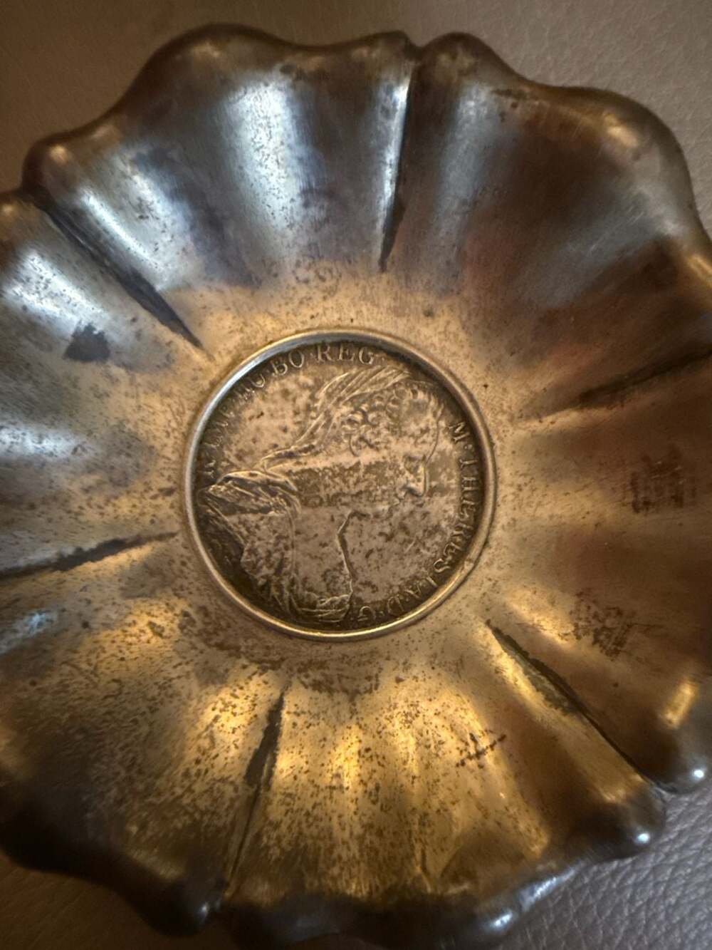 Vintage Silver Scalloped Coin Dish with 1780 Maria Theresa Thaler